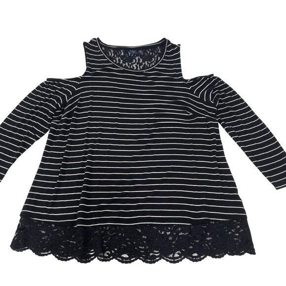Kaari Blue Womens 2X Cold Shoulder Black Striped Top Lace Hem Long Sleeve - Picture 9 of 11